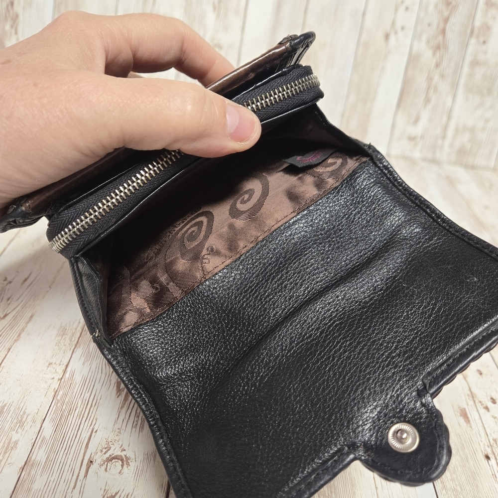 Brighton Black Brown Leather Wallet Western Concho Braided Trim Organizer Bifold - Picture 6 of 12